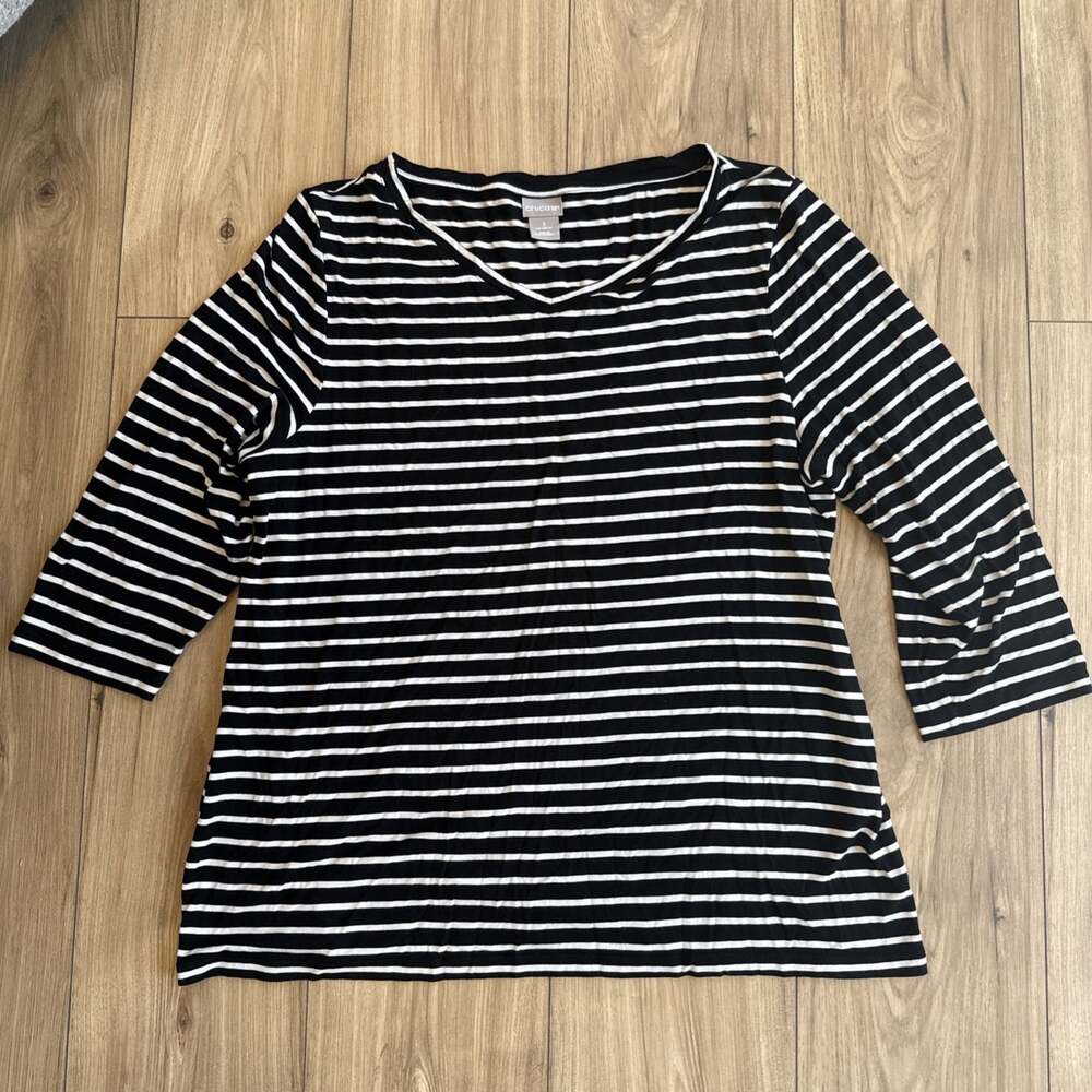 Chicos Black White Striped 3/4 Sleeve Scoop Neck Top Size 3 (XL) SUPER STRETCHY